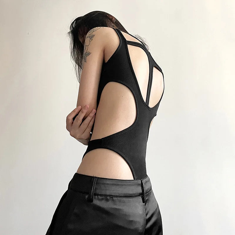 Combhasaki Womens Y2K Goth Bodysuit Backless Hollow Out High Neck Sheer Mesh Irregular Cutout Partywear Long Sleeve Jumpsuit