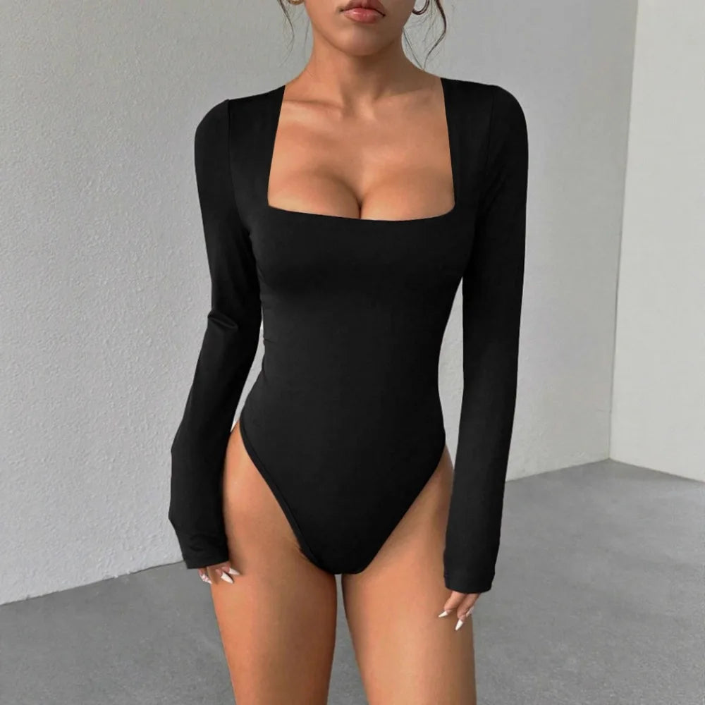 Basic Square Neck Long Sleeve Bodysuit Blouse for Women Sexy Slim Fit Solid Color Bodysuits Streetwear Y2K