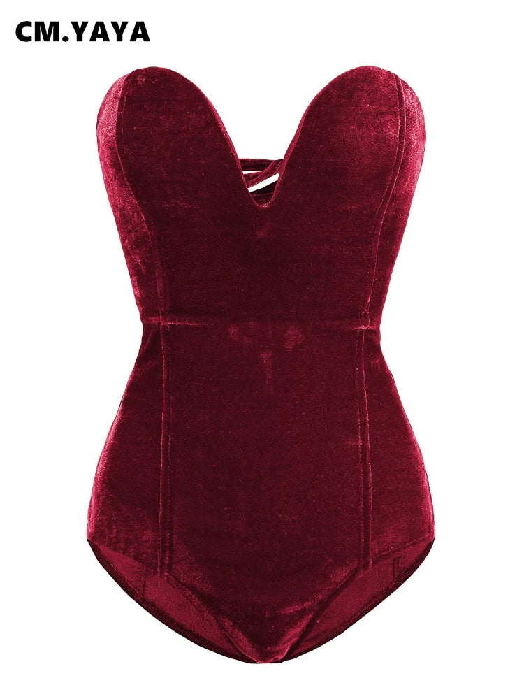 CM.YAYA Vintage Women Velvet Strapless Sleeveless Bodycon Bodysuits 2025 Spring Basic Sexy Party Evening Club Tops One Piece