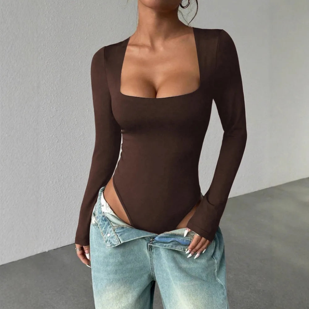 Basic Square Neck Long Sleeve Bodysuit Blouse for Women Sexy Slim Fit Solid Color Bodysuits Streetwear Y2K