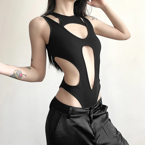 Combhasaki Womens Y2K Goth Bodysuit Backless Hollow Out High Neck Sheer Mesh Irregular Cutout Partywear Long Sleeve Jumpsuit