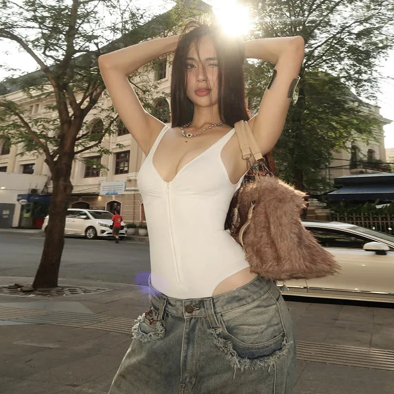 Sexy Sleeveless V-Neck Bodysuit Fashion Women Zipper Backless Strap White Solid Jumpsuit Casual Y2K Streetwear Skinny Clothing